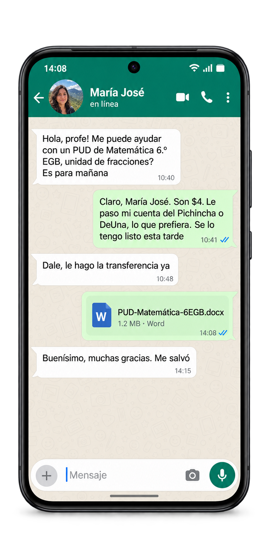 WhatsApp con pedido de planificación docente PUD de Matemática 6to EGB entregado en Word por Recreo Profe en Ecuador